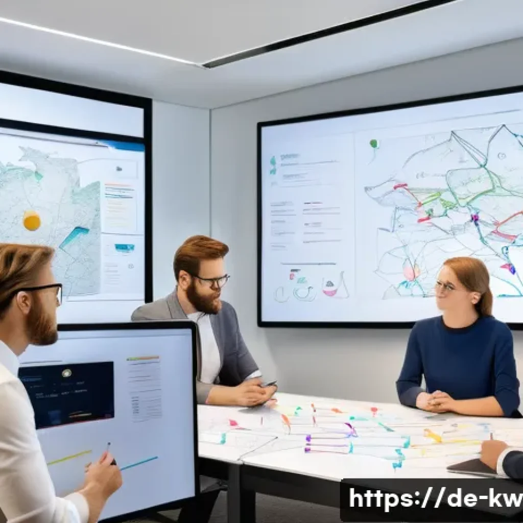 개념 맵을 통한 고객 요구 조사 방법 - A professional office setting showing a diverse team of German businesspeople collaboratively creati...