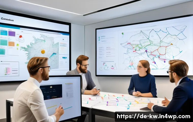 개념 맵을 통한 고객 요구 조사 방법 - A professional office setting showing a diverse team of German businesspeople collaboratively creati...
