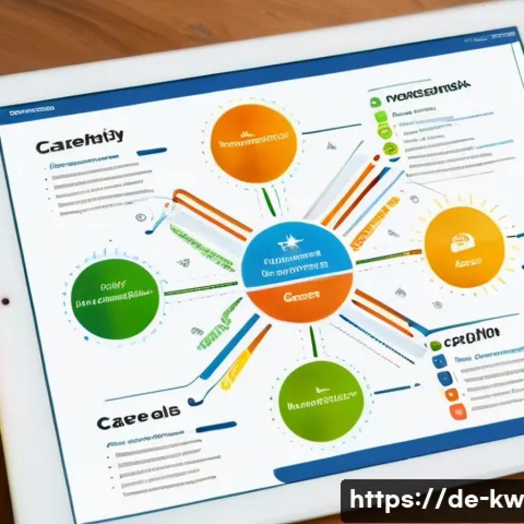 개념 맵을 통한 연간 계획 수립 - A detailed and colorful digital concept map displayed on a modern tablet screen, featuring a central...