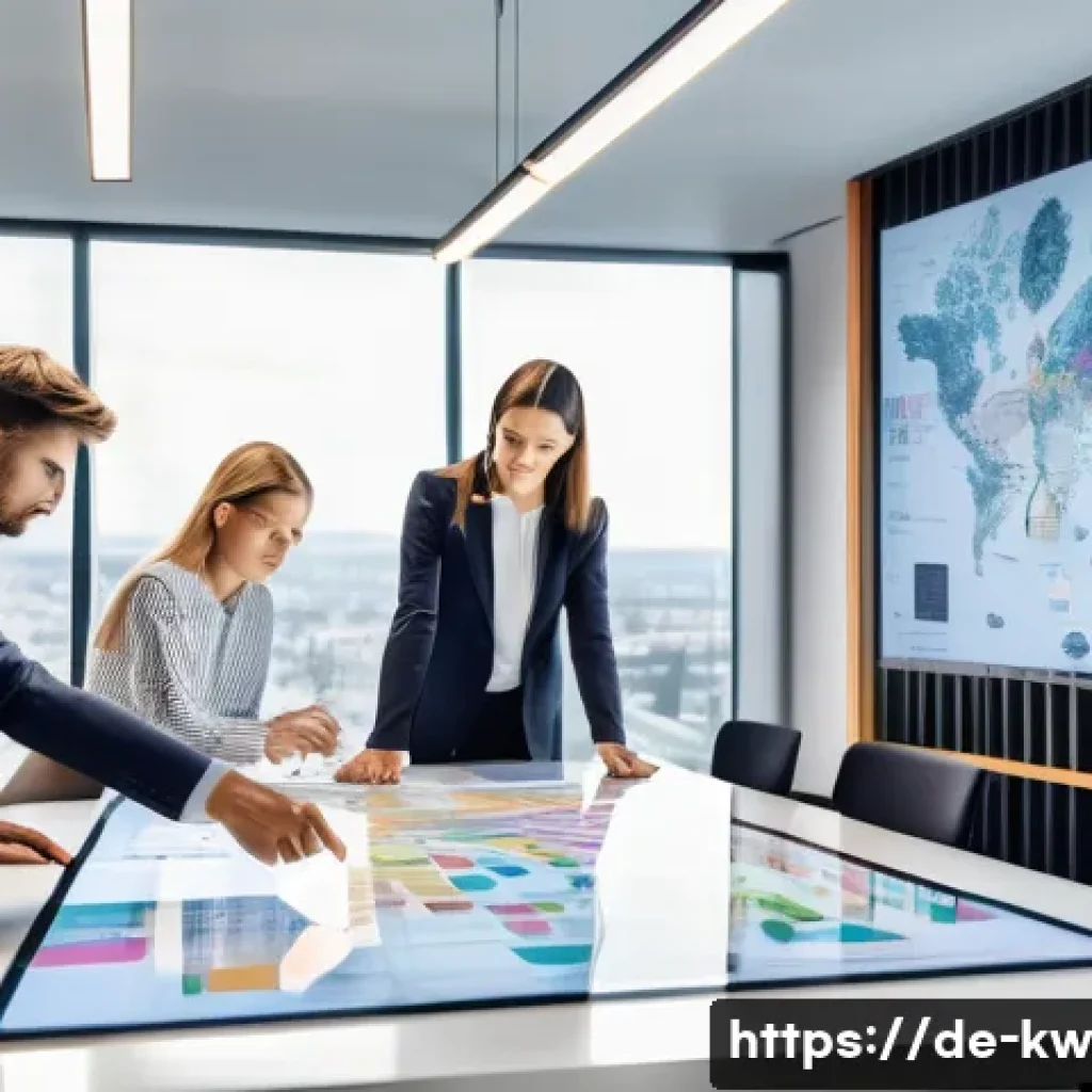 개념 맵을 통한 비즈니스 프로세스 혁신 - A modern German office scene showing a diverse team of professionals collaboratively working around ...