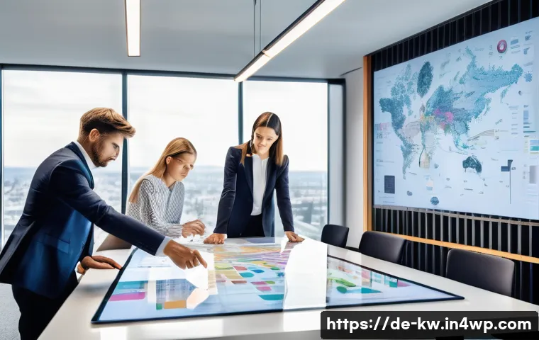 개념 맵을 통한 비즈니스 프로세스 혁신 - A modern German office scene showing a diverse team of professionals collaboratively working around ...