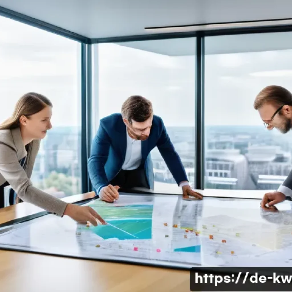 개념 맵을 활용한 자원 관리 전략 - A detailed digital workspace scene showing a diverse German project team collaborating around a larg...