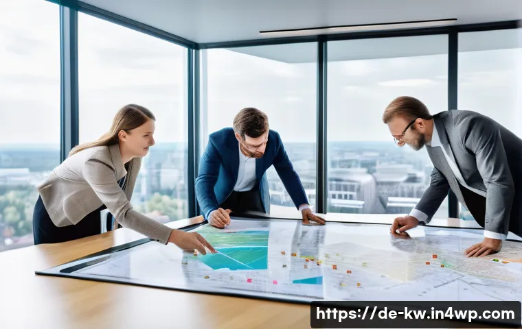 개념 맵을 활용한 자원 관리 전략 - A detailed digital workspace scene showing a diverse German project team collaborating around a larg...