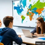 개념 맵과 학습 기억의 관계 - A modern classroom scene in Germany with diverse university students collaboratively creating a larg...