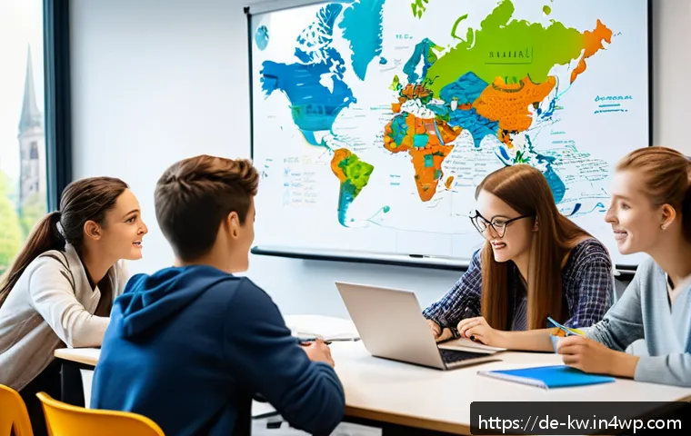 개념 맵과 학습 기억의 관계 - A modern classroom scene in Germany with diverse university students collaboratively creating a larg...