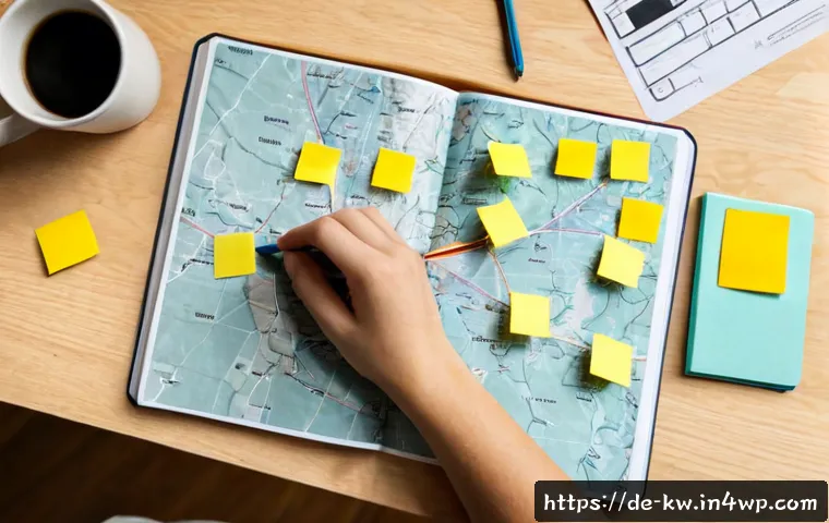 효과적인 개념 맵핑 기법 소개 - Photorealistic overhead view of a German university student organizing a concept map on a clean wood...